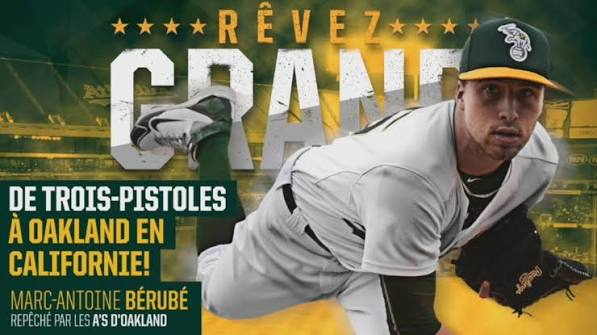 Visuel promotionnel de Marc-Antoine Bérubé en uniforme des Athletics d’Oakland